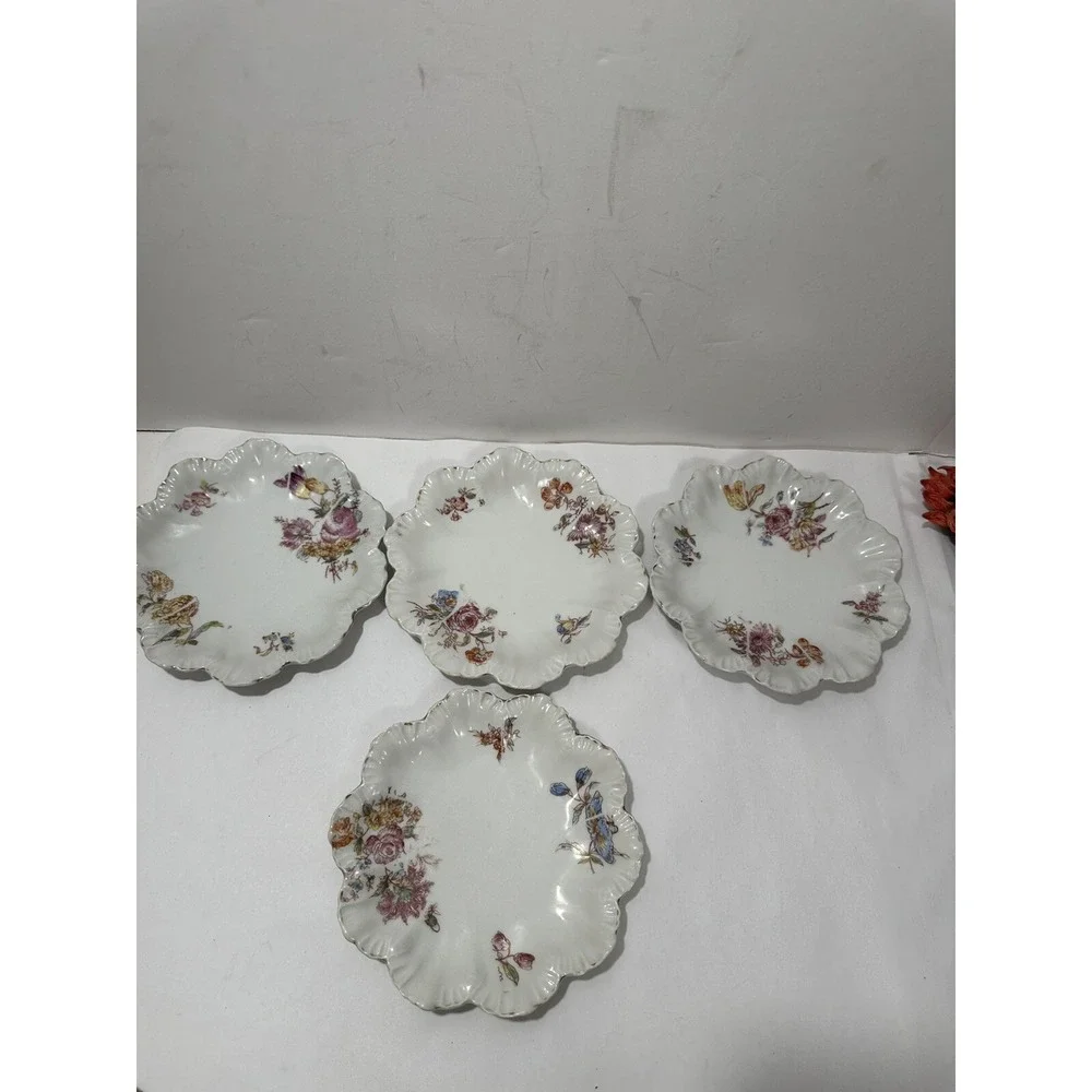 LIMOGES France Set 4 Salad/Dessert Plates Pink Flowers Scalloped Rim 6.5